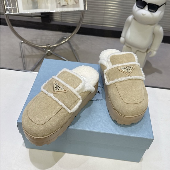 Prada Beige Suede Shearling Mules - Picture 8 of 9